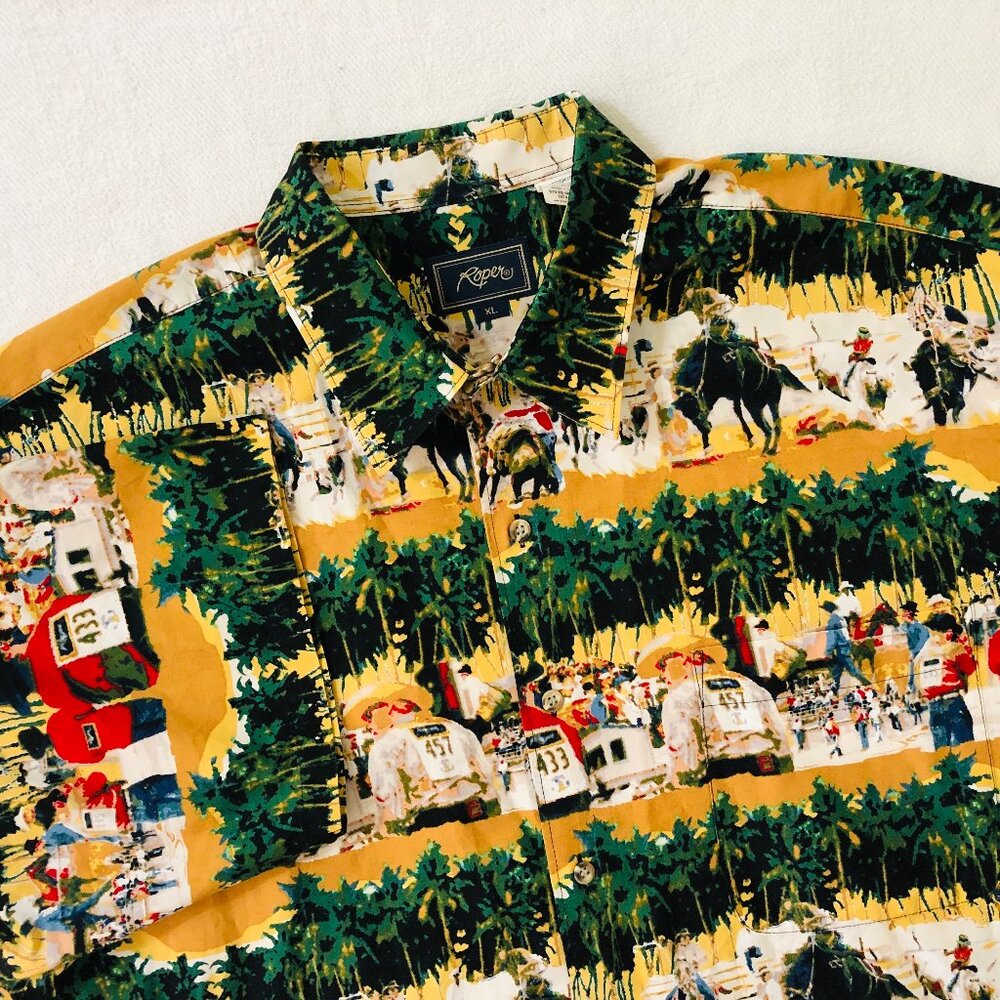 Vintage Roper Men's XL Rodeo Bull Horse Riding‎ Print Western Button Up Shirt